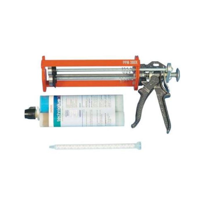 Techniglue epoxy cartridge with twin-barrel dispensing gun and mixing nozzle for precise adhesive application.