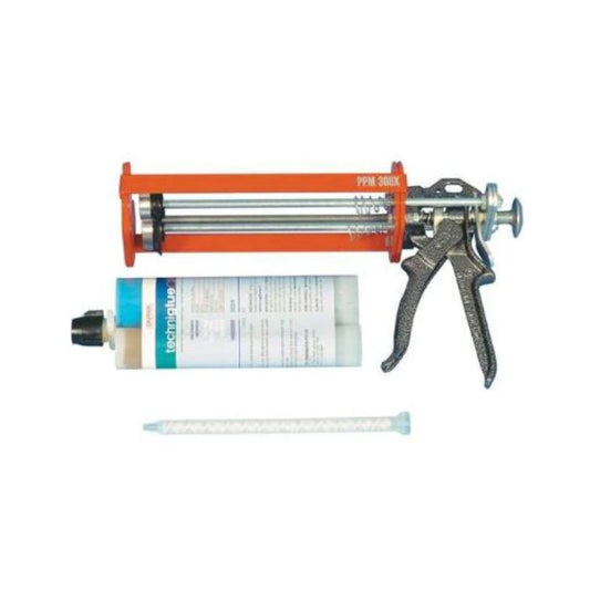 Techniglue epoxy cartridge with twin-barrel dispensing gun and mixing nozzle for precise adhesive application.