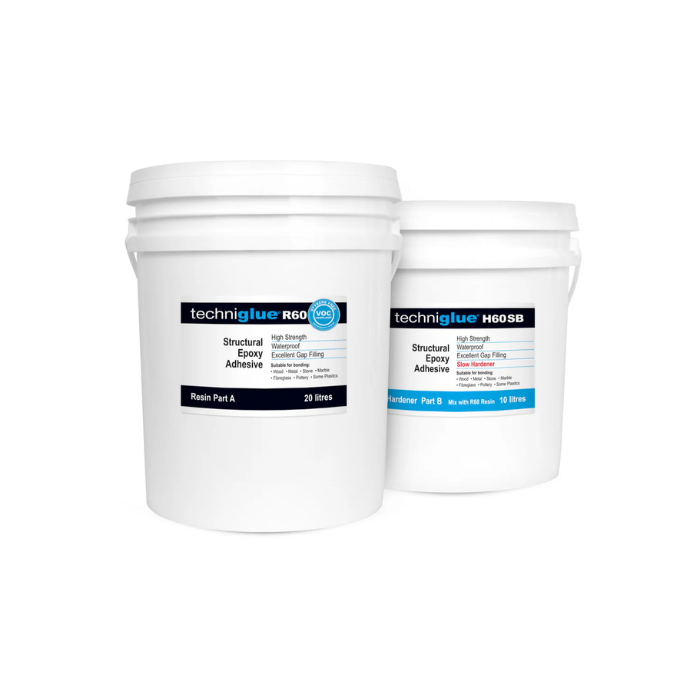 Two white containers of Techniglue epoxy adhesive on a white background