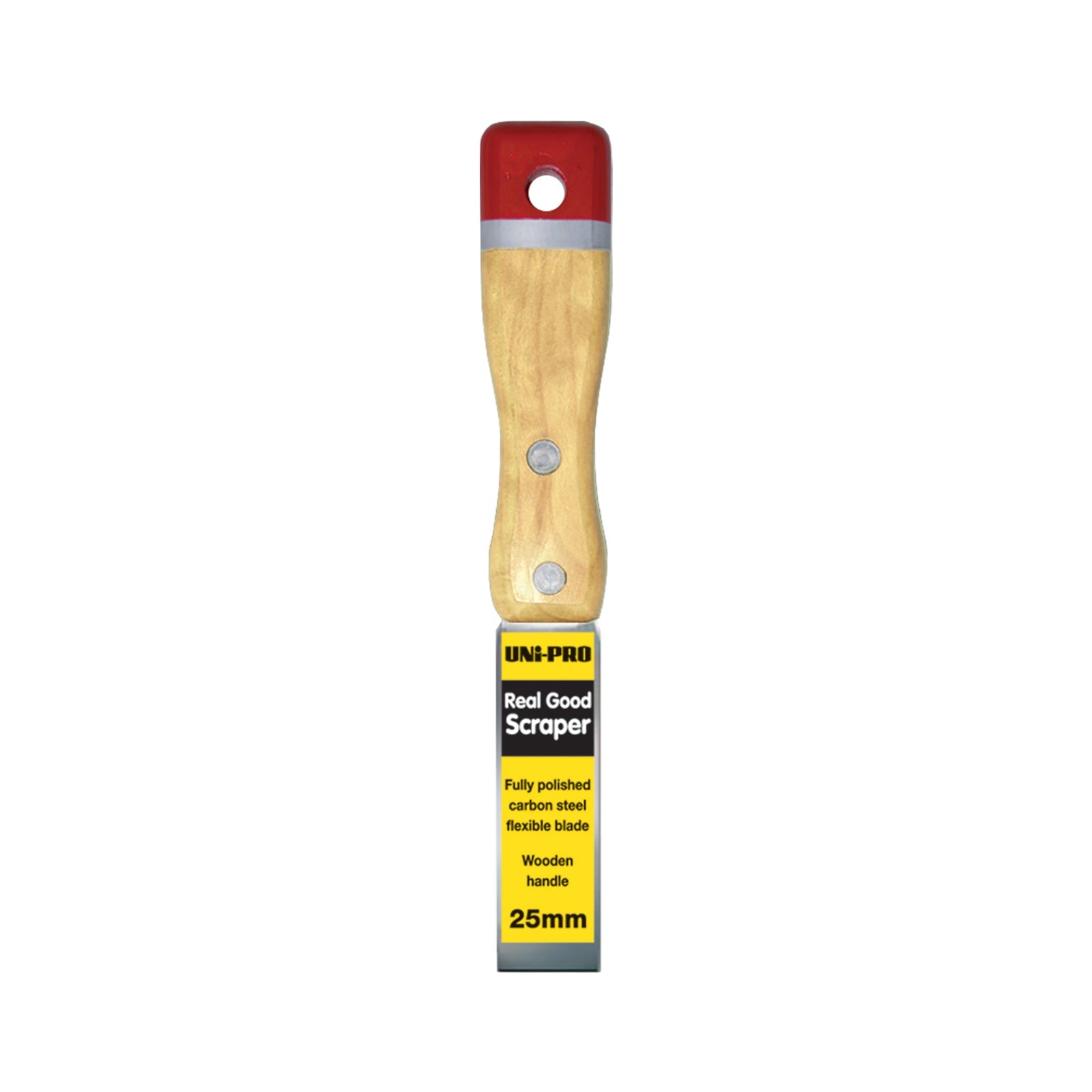 UNI-PRO 25mm Real Good Scraper with wooden handle and carbon steel blade for detailed paint and filler removal.