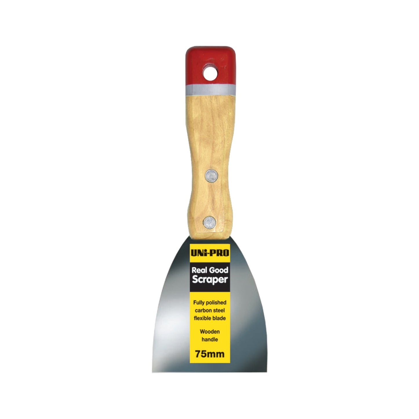UNI-PRO 75mm Real Good Scraper with wooden handle and flexible carbon steel blade for paint and filler removal.