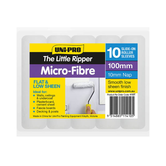 Pack of UNI-PRO Micro-Fibre roller sleeves with packaging details on a white background