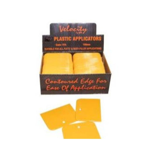 Velocity yellow plastic applicators with contoured edge for smooth application of putty, filler, and adhesives.