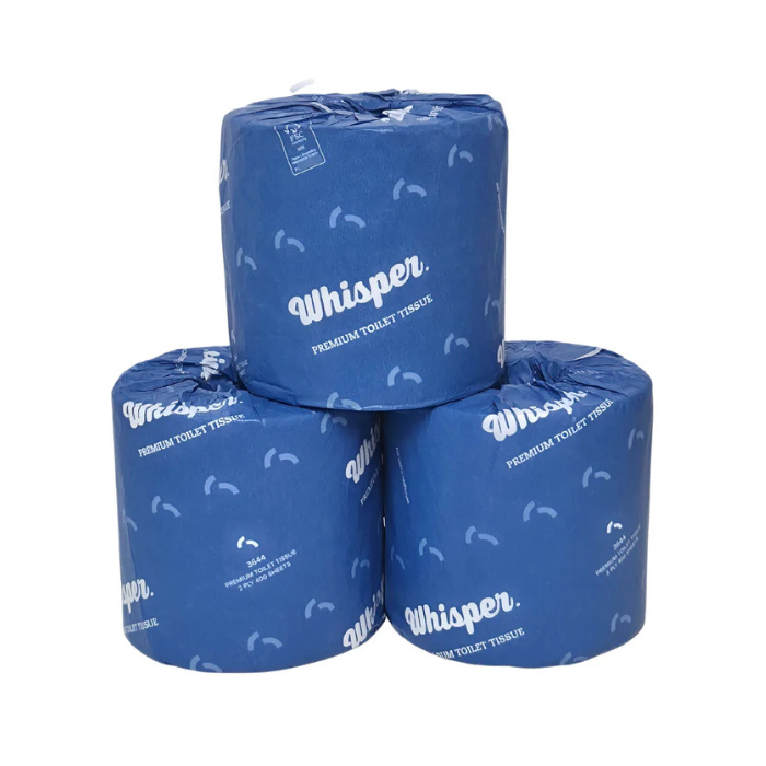 Three rolls of Whisper premium toilet tissue stacked on a white background