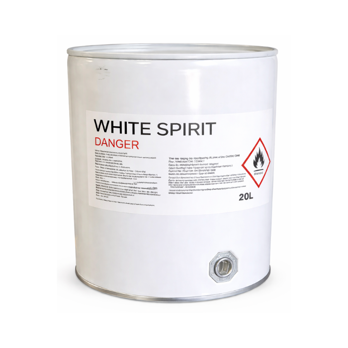 Can of white spirit with a warning label on a white background 20L